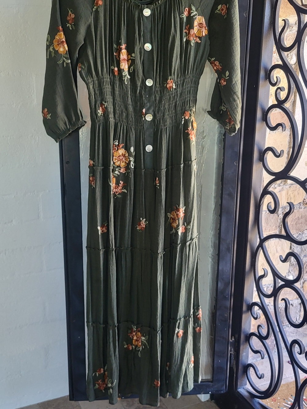 NWOT Floral Button-Front Maxi Dress in Olive Green